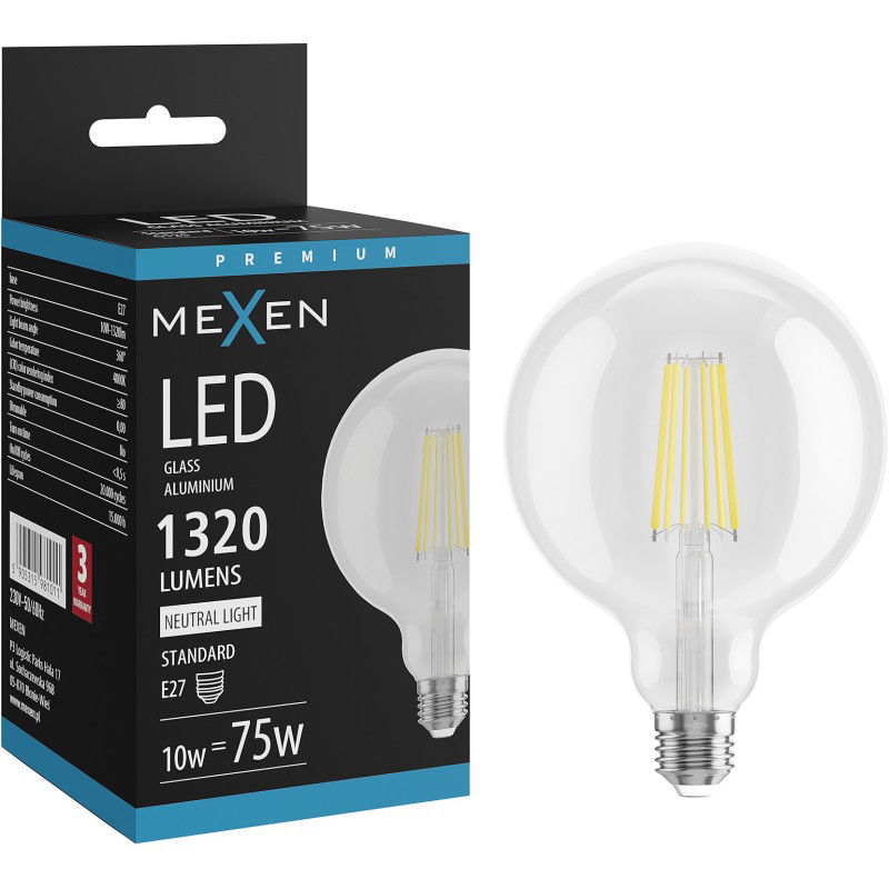 Mexen Vintis LED filament izzó E27, G125, 10W, Semleges - 4000K, 1320 lm, tiszta - L158-E27-1040-00