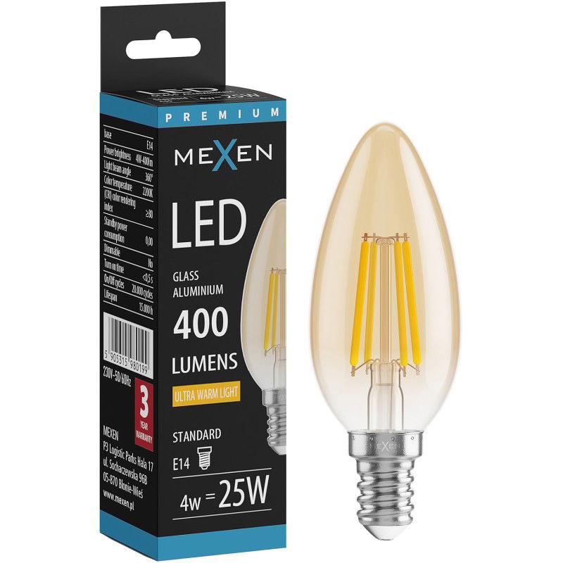 Mexen Vintis Bec LED filament E14, C35, 4W, Caldă - 2200K, 400 lm, amber - L154-E14-0422-50
