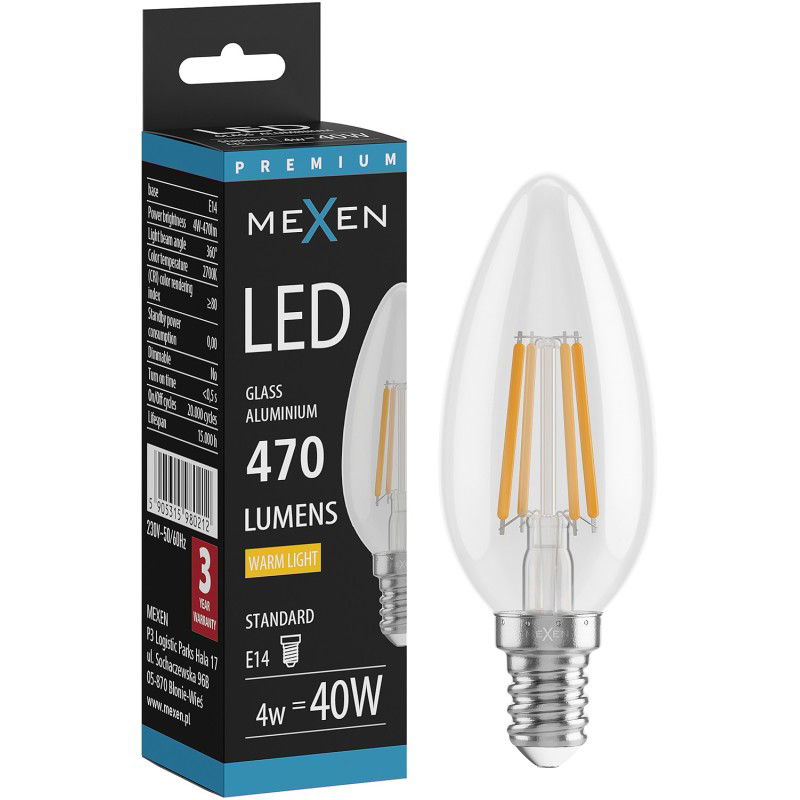 Mexen Vintis LED filament izzó E14, C35, 4W, Melegfényű - 2700K, 470 lm, átlátszó - L154-E14-0427-00