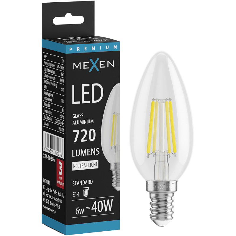 Mexen Vintis Bec LED filament E14, C35, 6W, Neutru - 4000K, 720 lm, transparent - L154-E14-0640-00