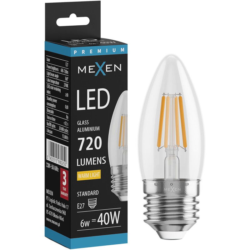 Mexen Vintis LED izzószálas izzó E27, C35, 6W, Meleg - 2700K, 720 lm, átlátszó - L154-E27-0627-00