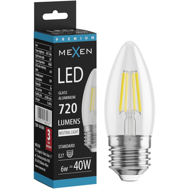 Mexen Vintis LED filament izzó E27, C35, 6W, Semleges - 4000K, 720 lm, átlátszó - L154-E27-0640-00