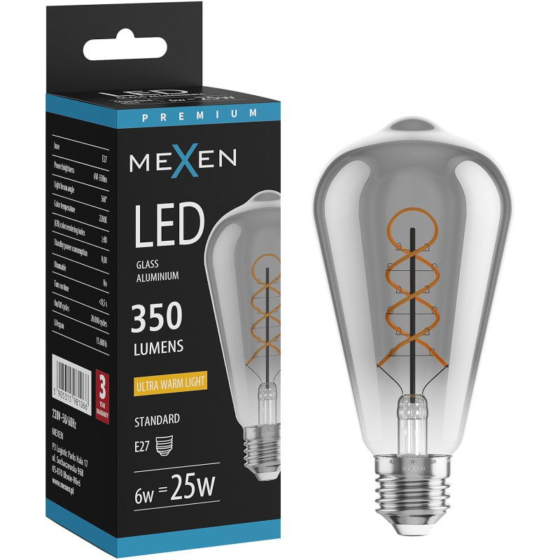 Mexen Vintis Bec LED filament spirală E27, ST64, 6W, Cald - 2200K, 350 lm, fumuriu - L162-E27-0622-70