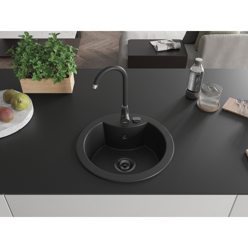 Mexen Diego 488 x 480 mm-es, fekete, fekete szifonnal ellátott, 1-medencés gránit mosogató - 6512481000-77-B