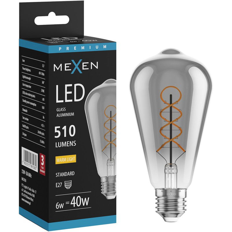 Mexen Vintis LED spirál filament izzó E27, ST64, 6W, Meleg - 2700K, 510 lm, füstszínű - L162-E27-0627-70