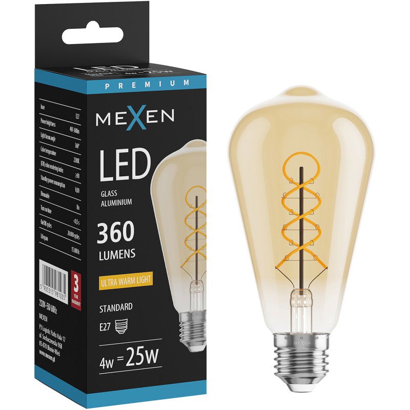 Mexen Vintis Bec LED filament spirală E27, ST64, 4W, Caldă - 2200K, 360 lm, chihlimbar - L162-E27-0422-50