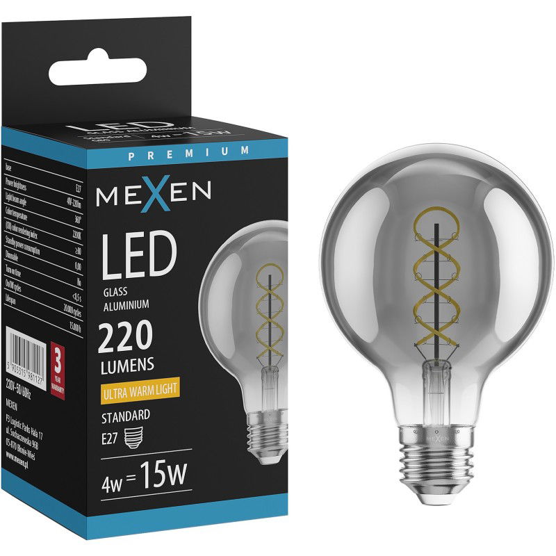 Mexen Vintis LED spirál filament izzó E27, G80, 4W, Meleg - 2200K, 220 lm, füstös - L165-E27-0422-70