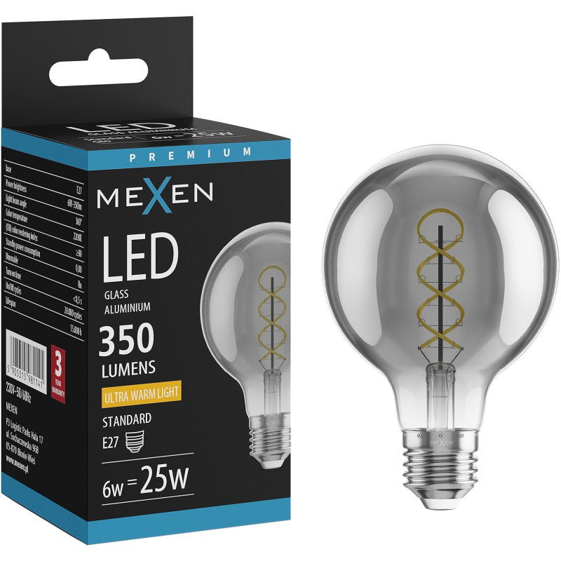 Mexen Vintis Filament LED izzó spirál E27, G80, 6W, Meleg - 2200K, 350 lm, füstöt árnyalt üveg - L165-E27-0622-70