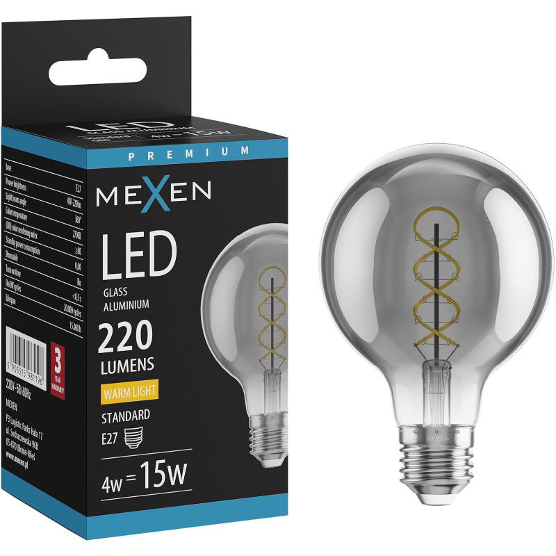 Mexen Vintis LED spirál szálas izzó E27, G80, 4W, Meleg - 2700K, 220 lm, füstös - L165-E27-0427-70