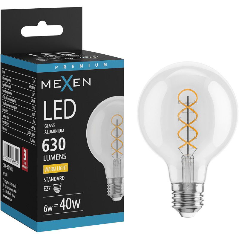 Mexen Vintis Bec LED cu filament spirală E27, G80, 6W, Cald - 2700K, 630 lm, clar - L165-E27-0627-00