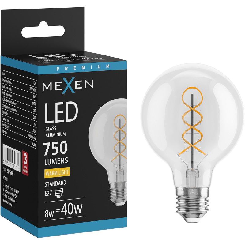 Mexen Vintis LED filament spirál izzó E27, G80, 8W, Meleg - 2700K, 750 lm, átlátszó - L165-E27-0827-00