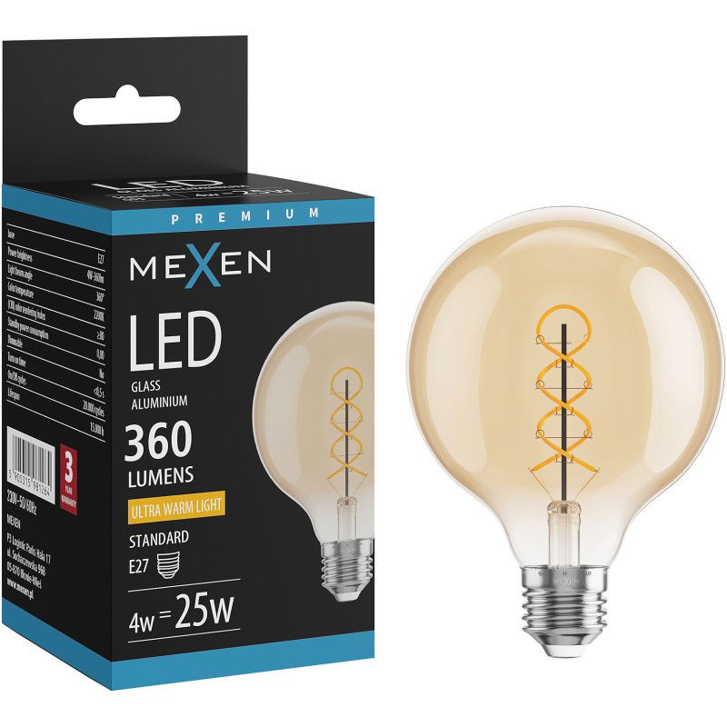 Mexen Vintis LED filamentszál spirál izzó E27, G95, 4W, Meleg - 2200K, 360 lm, borostyán - L167-E27-0422-50
