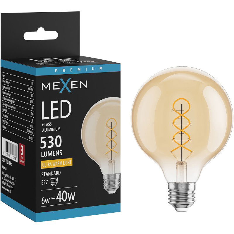 Mexen Vintis Bec filament spirală LED E27, G95, 6W, Caldă - 2200K, 530 lm, chihlimbar - L167-E27-0622-50