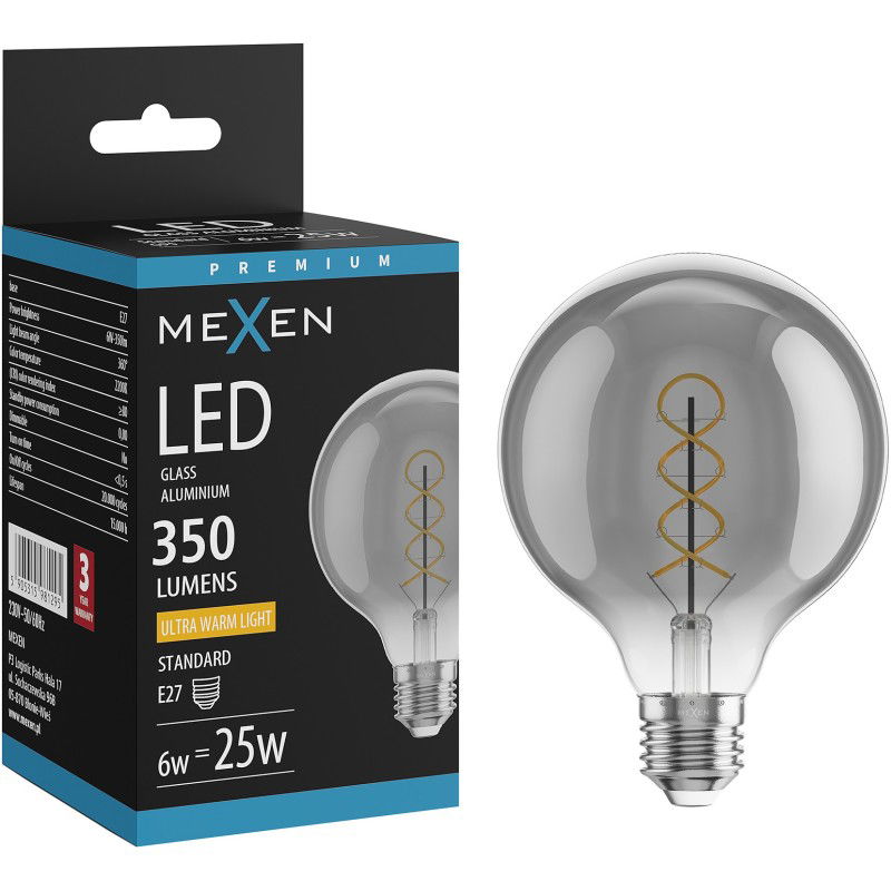 Mexen Vintis LED izzószál spirál E27, G95, 6W, Meleg - 2200K, 350 lm, füstös - L167-E27-0622-70