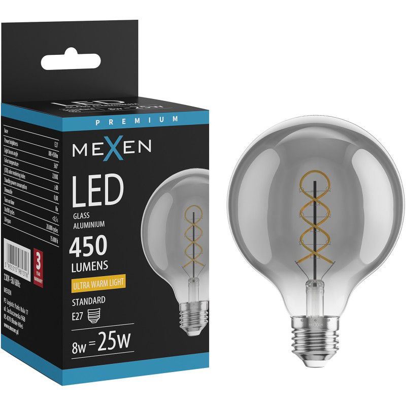 Mexen Vintis LED filament spirálizzó E27, G95, 8W, Meleg - 2200K, 450 lm, füstszínű - L167-E27-0822-70