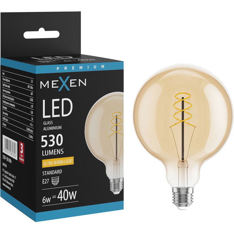Mexen Vintis Bec LED filament spirală E27, G125, 6W, Caldă - 2200K, 530 lm, chihlimbar - L168-E27-0622-50