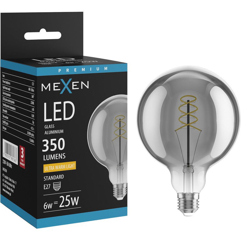 Mexen Vintis Bec led filament spirala E27, G125, 6W, Calda - 2200K, 350 lm, fumuriu - L168-E27-0622-70