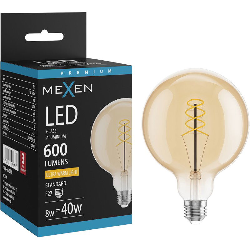 Mexen Vintis LED filament spirál izzó E27, G125, 8W, Meleg - 2200K, 600 lm, borostyán - L168-E27-0822-50