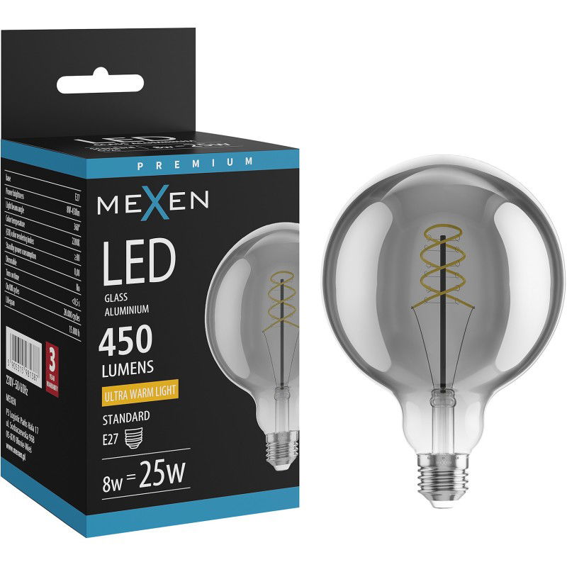Mexen Vintis Bec spirală filament LED E27, G125, 8W, Caldă - 2200K, 450 lm, fumuriu - L168-E27-0822-70