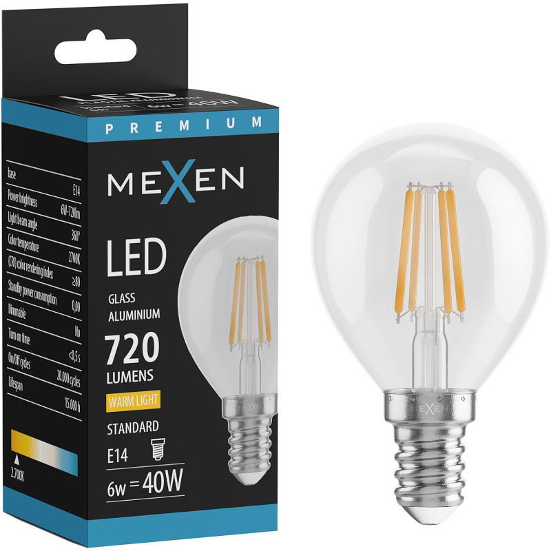 Mexen Vintis Bec cu filament LED E14, G45, 6W, Cald - 2700K, 720 lm, clear - L156-E14-0627-00