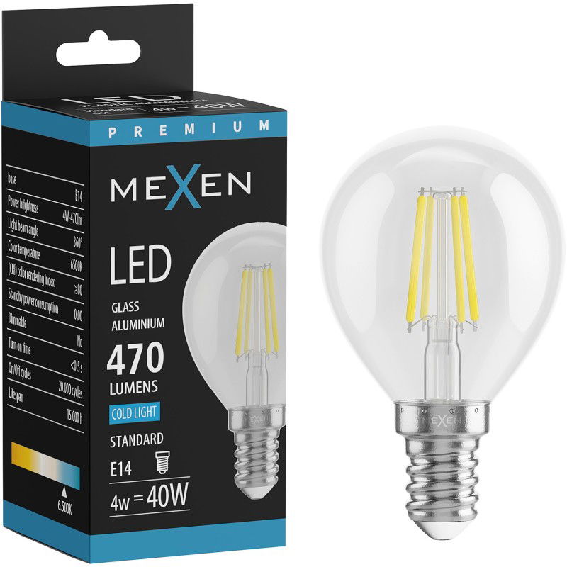 Mexen Vintis Bec filament LED E14, G45, 4W, Rece - 6500K, 470 lm, clar - L156-E14-0465-00