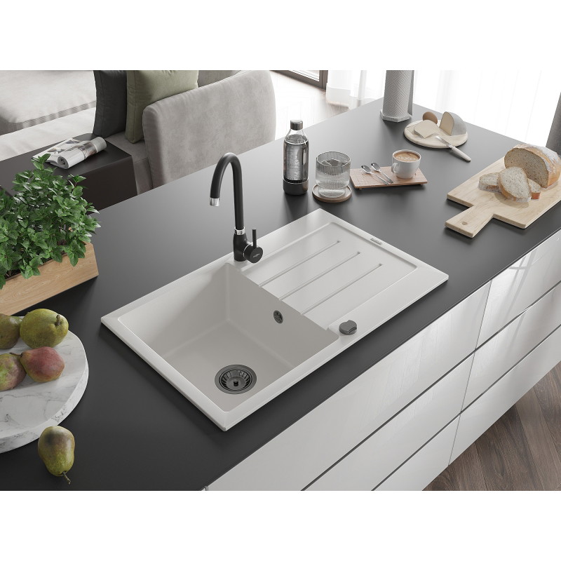 Mexen Bruno 1-medencés gránit mosogató csepegtetővel 795 x 495 mm, fehér, fekete szifon - 6513791010-20-B