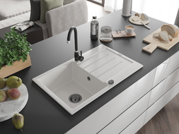 Mexen Bruno chiuvetă din granit cu 1 compartiment și scurgător 795 x 495 mm, albă, sifon negru - 6513791010-20-B