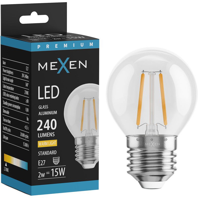 Mexen Vintis LED filament égő E27, G45, 2W, Meleg - 2700K, 240 lm, átlátszó - L156-E14-0227-00 - L156-E27-0227-00
