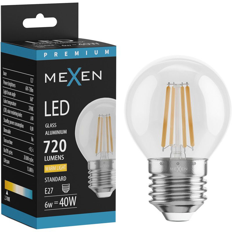Mexen Vintis LED filament izzó E27, G45, 6W, Meleg - 2700K, 720 lm, átlátszó - L156-E27-0627-00