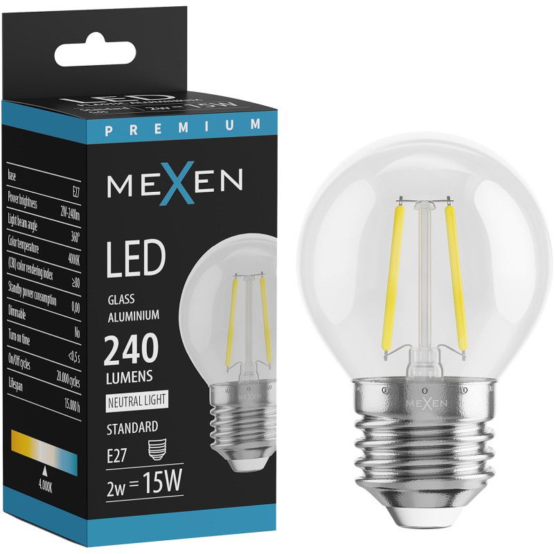 Mexen Vintis Bec led cu filament E27, G45, 2W, Neutră - 4000K, 240 lm, clar - L156-E14-0227-00 - L156-E27-0240-00