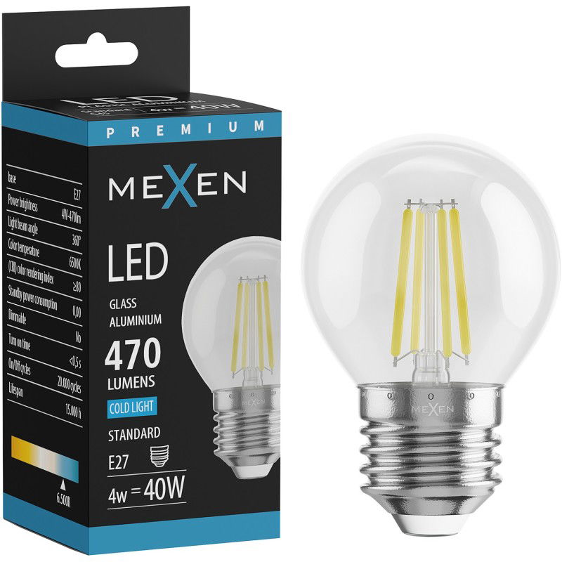 Mexen Vintis LED filament izzó E27, G45, 4W, Hideg - 6500K, 470 lm, átlátszó - L156-E27-0465-00