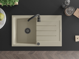 Mexen Bruno chiuvetă de granit cu 1 compartiment și picurător 795 x 495 mm, bej, sifon negru - 6513791010-69-B