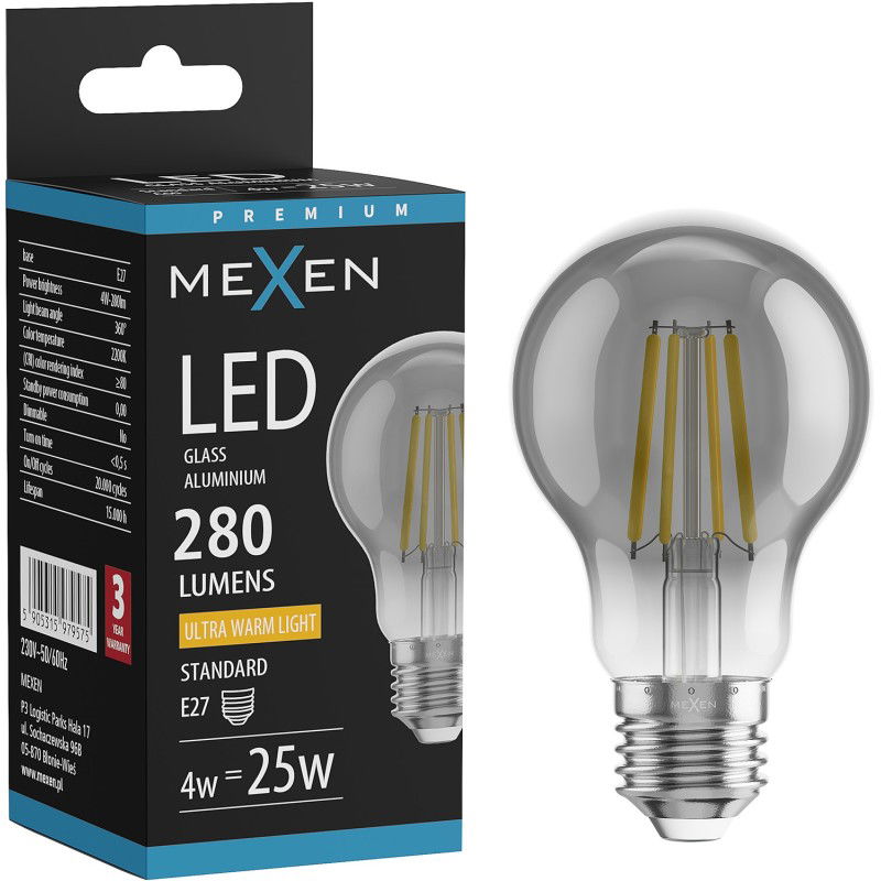 Mexen Vintis LED filament izzó E27, A60, 4W, Meleg - 2200K, 280 lm, füstös - L150-E27-0422-70