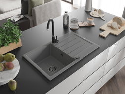 Mexen Bruno chiuvetă de granit cu 1 cuvă și scurgător 795 x 495 mm, gri, sifon negru - 6513791010-71-B