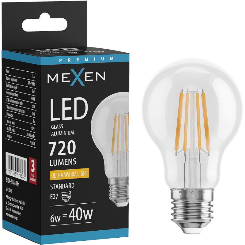Mexen Vintis LED filament izzó E27, A60, 6W, Meleg - 2200K, 720 lm, tiszta - L150-E27-0622-00