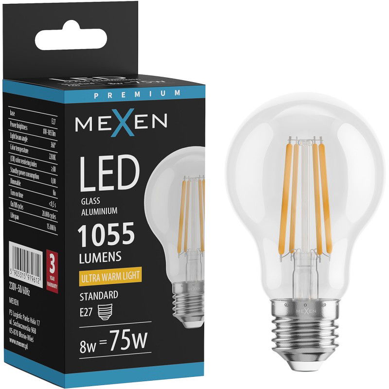Mexen Vintis Bec LED filament E27, A60, 8W, Caldă - 2200K, 1055 lm, clară - L150-E27-0822-00