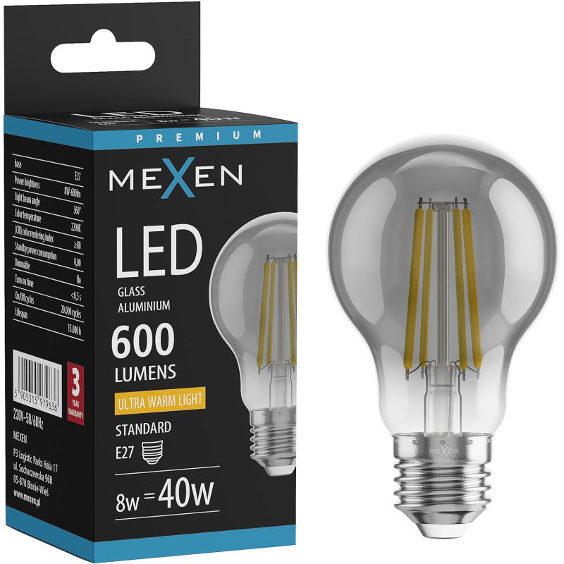 Mexen Vintis LED filament izzó E27, A60, 8W, Meleg - 2200K, 600 lm, füstös - L150-E27-0822-70
