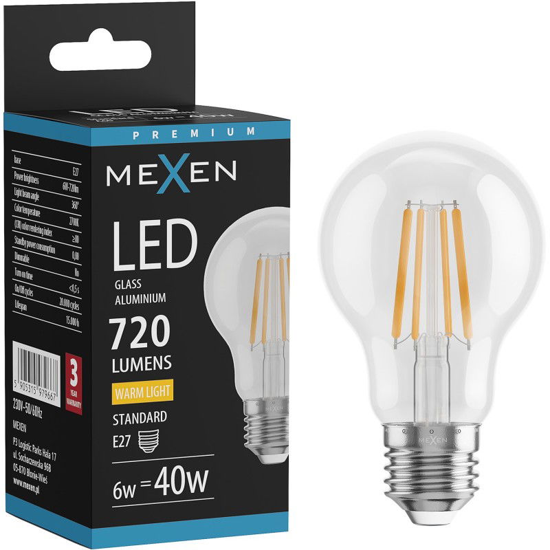 Mexen Vintis LED szálas izzó E27, A60, 6W, Meleg - 2700K, 720 lm, tiszta - L150-E27-0627-00