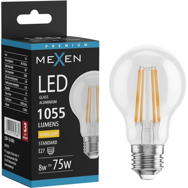 Mexen Vintis Bec filament LED E27, A60, 8W, Cald - 2700K, 1055 lm, clar - L150-E27-0827-00