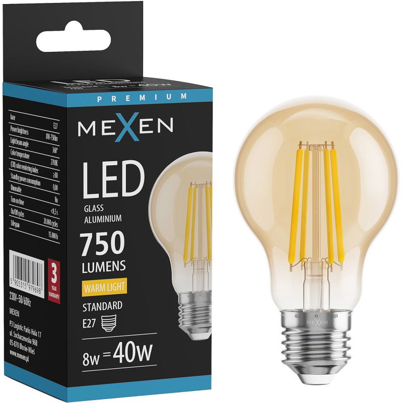 Mexen Vintis Filament LED izzó E27, A60, 8W, Meleg - 2700K, 750 lm, borostyán - L150-E27-0822-50 - L150-E27-0827-50