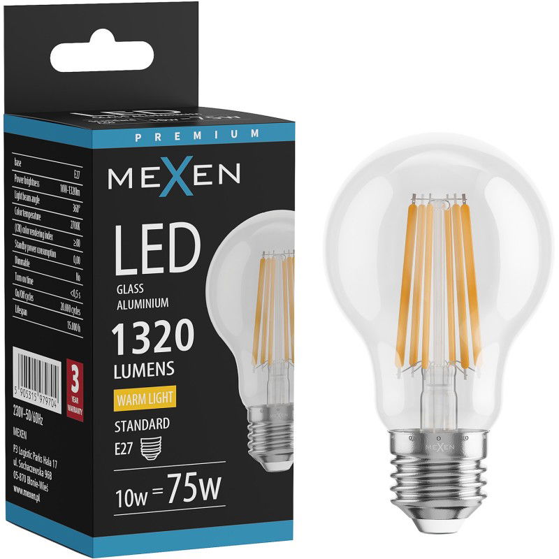 Mexen Vintis LED filament izzó E27, A60, 10W, Meleg - 2700K, 1320 lm, átlátszó - L150-E27-1027-00