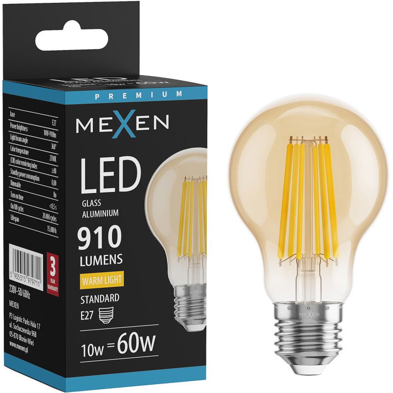 Mexen Vintis LED filament izzó E27, A60, 10W, Meleg - 2700K, 910 lm, borostyán - L150-E27-1027-50