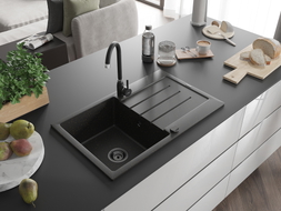 Mexen Bruno chiuvetă granitică cu 1 cuvă și scurgător 795 x 495 mm, negru/auriu metalizat, sifon negru - 6513791010-75-B