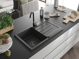 Mexen Bruno chiuvetă din granit cu 1 compartiment cu picurător 795 x 495 mm, Neagră picățele, sifon Neagră - 6513791010-76-B