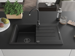 Mexen Bruno chiuvetă de granit cu 1 compartiment și scurgător 795 x 495 mm, negru, sifon negru - 6513791010-77-B