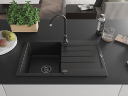 Mexen Bruno chiuvetă de granit cu 1 cuvă și picurător 795 x 495 mm, negru, sifon negru - 6513791010-77-B