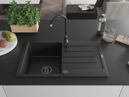 Mexen Bruno chiuvetă din granit cu 1 compartiment cu picurător 795 x 495 mm, Neagră, sifon Neagră - 6513791010-77-B