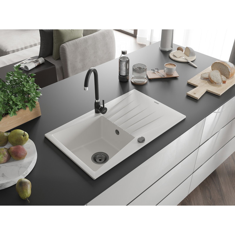 Mexen Cesar gránit mosogató 1-medencés csöpögtetővel 775 x 470 mm, fehér, fekete szifon - 6514771010-20-B