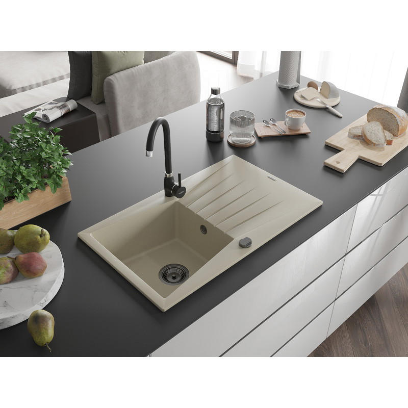 Mexen Cesar chiuvetă de granit cu 1 compartiment cu scurgător 775 x 470 mm, bej, sifon negru - 6514771010-69-B