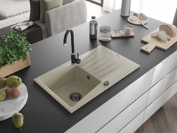 Mexen Cesar chiuvetă granit 1 compartiment cu scurgător 775 x 470 mm, bej, sifon negru - 6514771010-69-B
